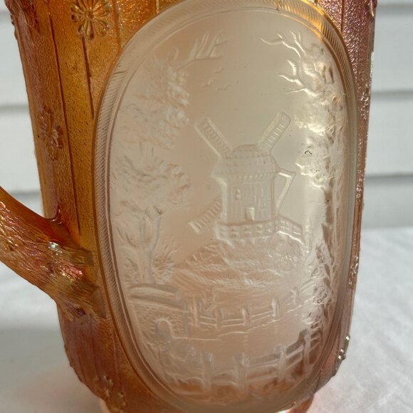 Vintage Marigold Carnival Glass Windmill Scene Pitcher Iridescent Orange - Picture 5 of 10